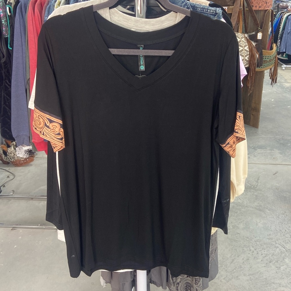 black v neck tee with faux tooled trim